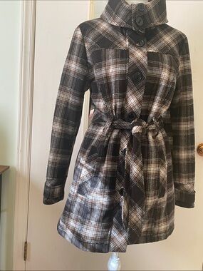 Plaid Button-Front Belted Women's Coat - Brown/Black